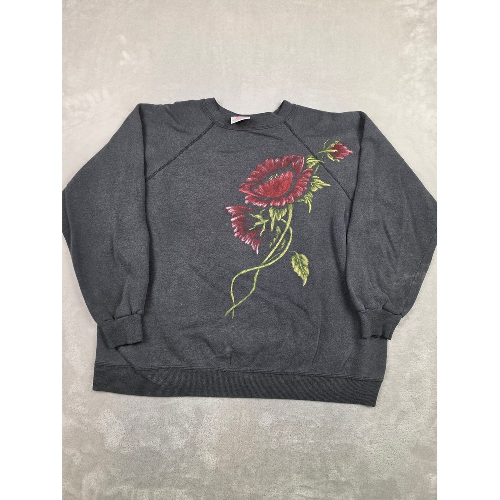 Vintage Hanes Sweatshirt Women XL Gray Floral Graphic Raglan Pullover USA Made